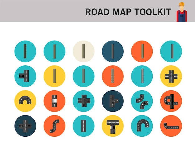 Elementos de carretera crea tus propios iconos planos de concepto de mapa de carreteras.