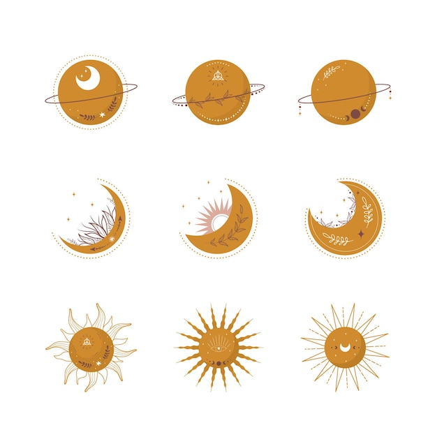 Elementos celestiales boho. Luna, sol y planetas de moda en color amarillo.