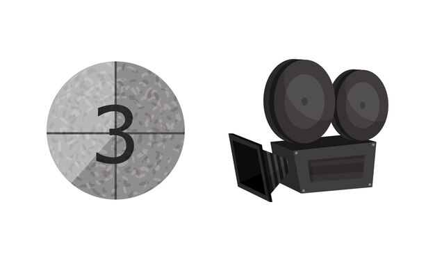 Elementos de cine con cámara y conjunto de composición vectorial de cuenta atrás de tiempo