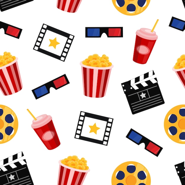 Elementos de cine en un patrón transparente de vector de fondo blanco