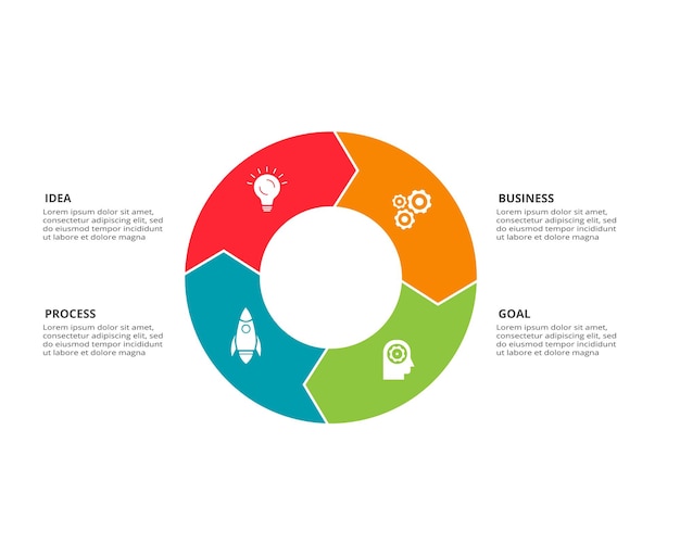 Elementos circulares del diagrama gráfico con opciones de 4 pasos, partes o procesos Plantilla para presentación infográfica