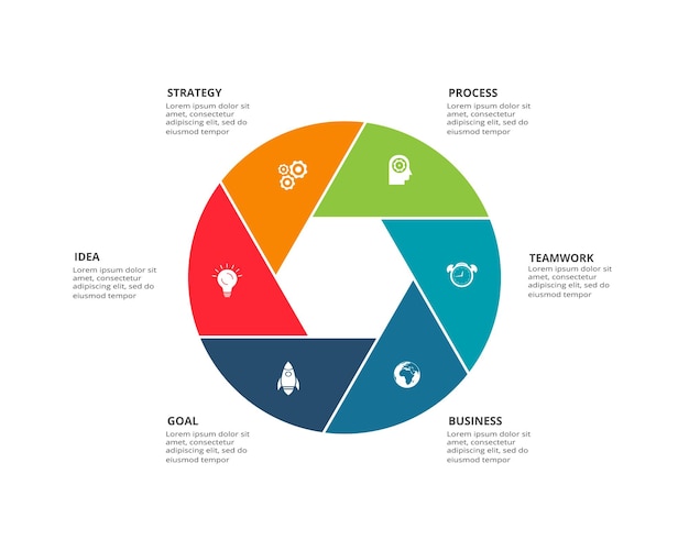 Elementos circulares del diagrama gráfico con opciones de 6 pasos, partes o procesos Plantilla para presentación infográfica