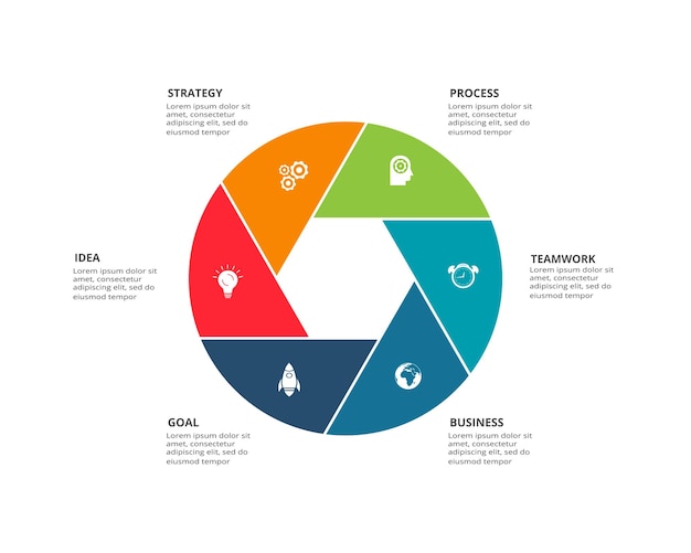 Vector elementos circulares del diagrama gráfico con opciones de 6 pasos, partes o procesos plantilla para presentación infográfica