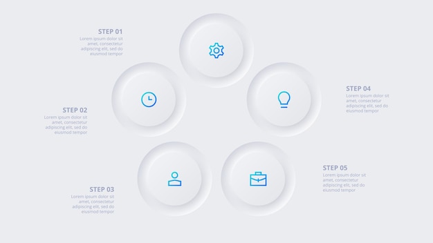 Elementos de círculo neumórfico para plantilla infográfica para presentación de gráfico de diagrama de ciclo y gráfico Concepto de Skeuomorph con 5 opciones, partes, pasos o procesos