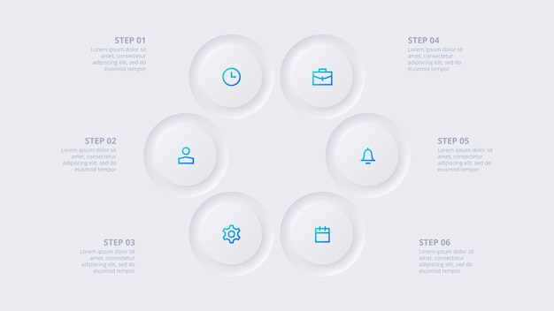 Elementos de círculo neumórfico para plantilla infográfica para presentación de gráfico de diagrama de ciclo y gráfico concepto de skeuomorph con 6 opciones, partes, pasos o procesos