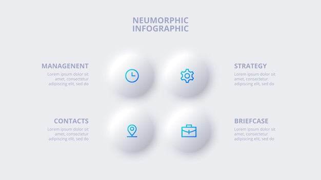 Elementos de círculo neumórfico para plantilla infográfica para presentación de gráfico de diagrama y gráfico concepto de skeuomorph con 4 opciones partes pasos o procesos