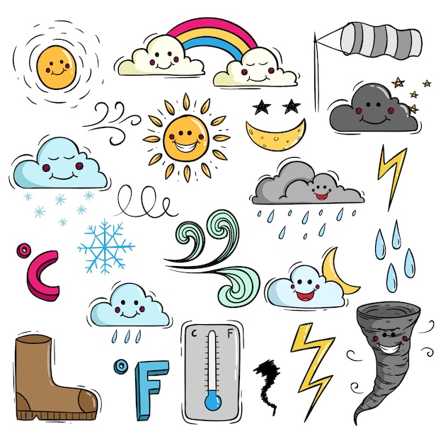 Vector elementos del clima lindo en estilo doodle