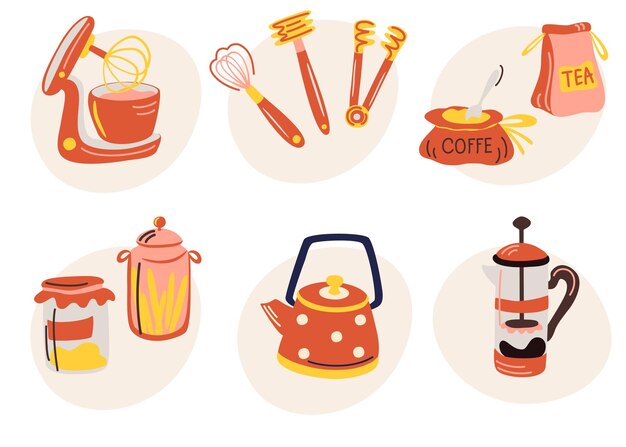 Elementos de cocina Icono de herramientas de cocina Espátulas tetera café y té prensa francesa Ilustración de dibujos animados vectoriales aislada en el fondo blanco