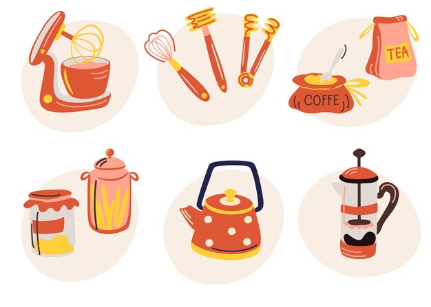 Elementos de cocina icono de herramientas de cocina espátulas tetera café y té prensa francesa ilustración de dibujos animados vectoriales aislada en el fondo blanco