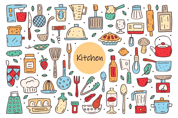 Elementos de cocina lindo doodle dibujado a mano. equipo de cocina alimentos utensilios de cocina