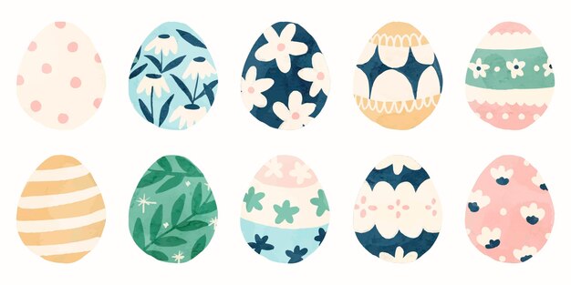 Elementos de la colección de huevos de Pascua dibujados a mano en estilo acuarela