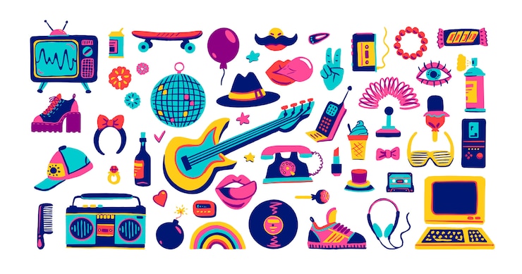 Vector elementos de colección de iconos retro en estilo moderno de dibujos animados dibujados a mano de productos de los años 80-90