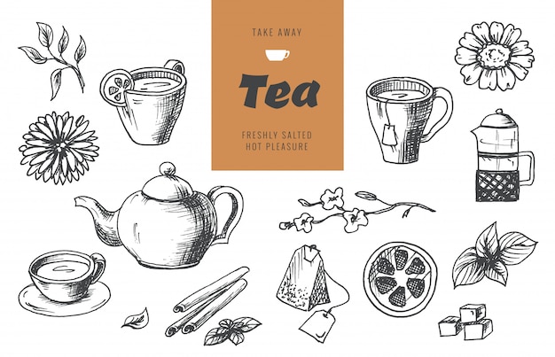 Elementos de la colección de té en estilo gráfico, ilustración vectorial dibujado a mano