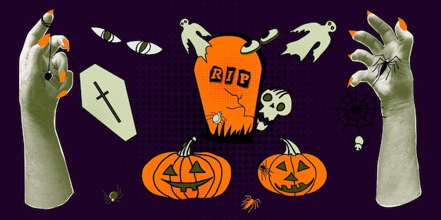 Elementos de collage mano palma calabaza ojos fantasmas tumbas ataúdes Halloween medio tono manos zombies decoración pancarta para eventos del 31 de octubre póster de moda en estilo corte de papel ilustración vectorial