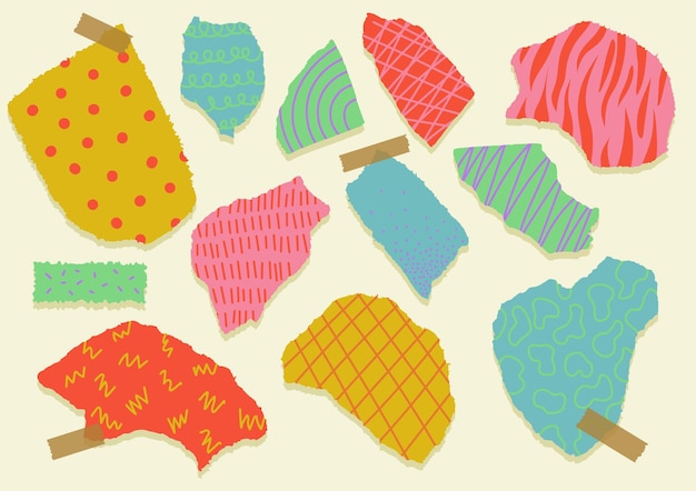 Elementos de collage de papel arrancados con textura colorida Conjunto de formas abstractas con estampado animal