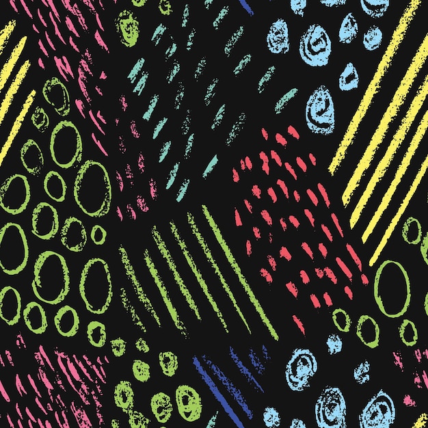 Elementos coloridos de tiza de collage en la pizarra de patrones sin fisuras contemporáneos