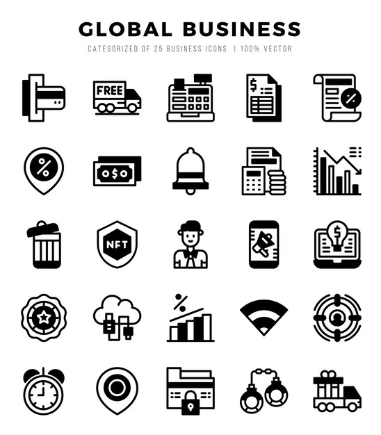 Elementos comerciales globales Lineal Conjunto de iconos web llenados Ilustración vectorial sencilla