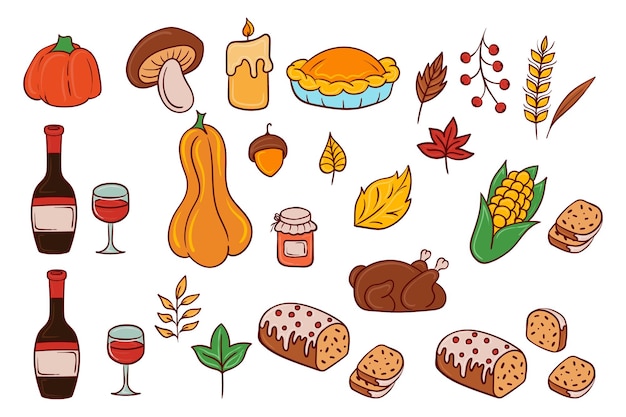 Los elementos de la comida de Acción de Gracias icono pastel de calabaza pavo vino hojas de otoño pan maíz símbolos festivos reunión familiar fiesta de vacaciones celebración acogedora