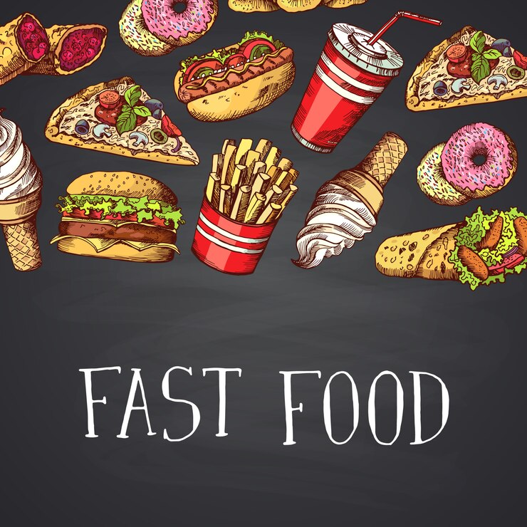 Vector elementos de comida rápida color dibujado a mano con letras en la pizarra