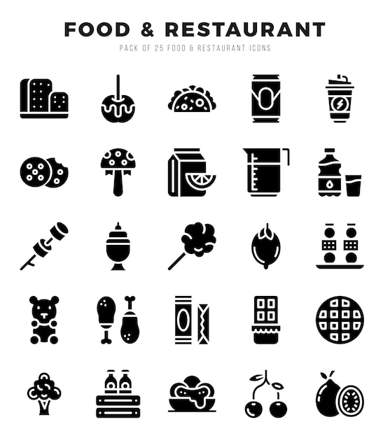 Elementos de comida y restaurante Conjunto de iconos web de glifos Ilustración vectorial simple