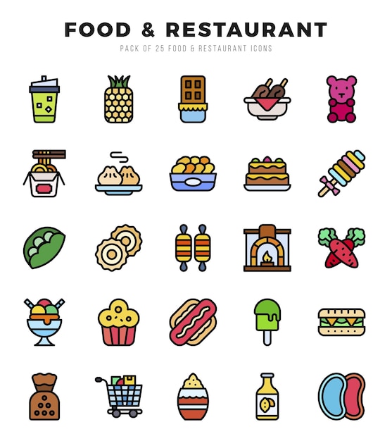 Elementos de comida y restaurante Lineal Color conjunto de iconos web Ilustración vectorial simple