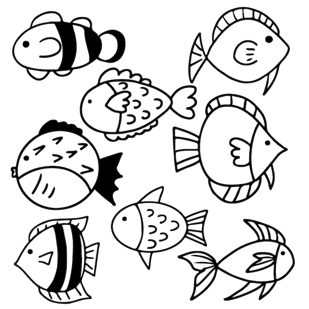 Elementos del conjunto de bocetos de Doodle de peces lindos