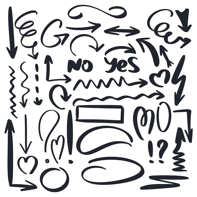 Elementos de conjunto dibujados a mano para diseño estilo garabato Acentos de garabatos para diseños conceptuales Bosquejo negro