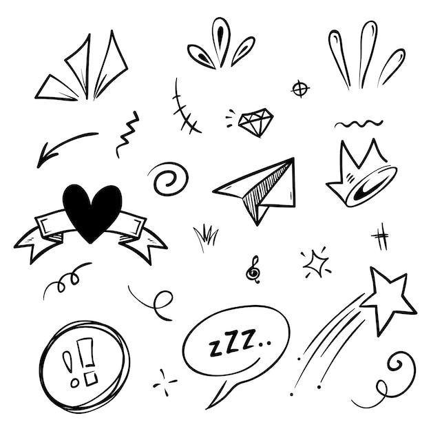 Elementos del conjunto dibujados a mano Flechas abstractas cintas corazones estrellas coronas y otros elementos en un dibujo a mano