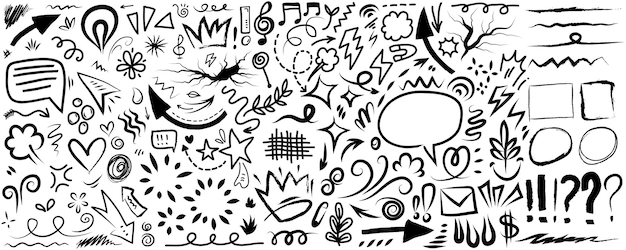 Elementos del conjunto dibujados a mano Flechas abstractas cintas corazones estrellas coronas y otros elementos en un estilo dibujado a mano para diseños conceptuales Ilustración garabateada Ilustración vectorial