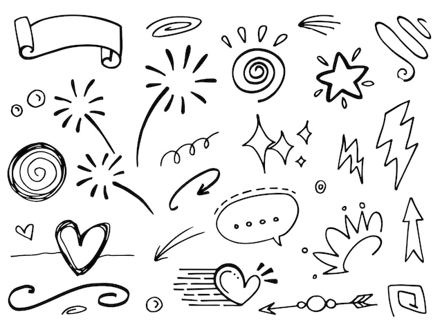 Elementos del conjunto dibujados a mano Flechas abstractas cintas corazones estrellas coronas y otros elementos en un estilo dibujado a mano para diseños conceptuales Ilustración garabateada Ilustración vectorial
