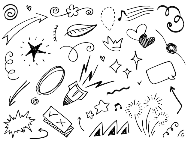 Elementos del conjunto dibujados a mano Flechas abstractas cintas corazones estrellas coronas y otros elementos en un estilo dibujado a mano para diseños conceptuales Ilustración garabateada Ilustración vectorial