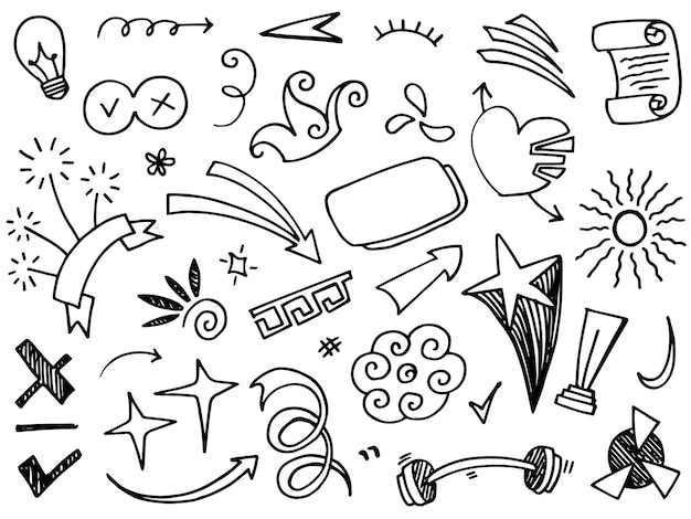 Elementos del conjunto dibujados a mano Flechas abstractas cintas corazones estrellas coronas y otros elementos en un estilo dibujado a mano para diseños conceptuales Ilustración garabateada Ilustración vectorial
