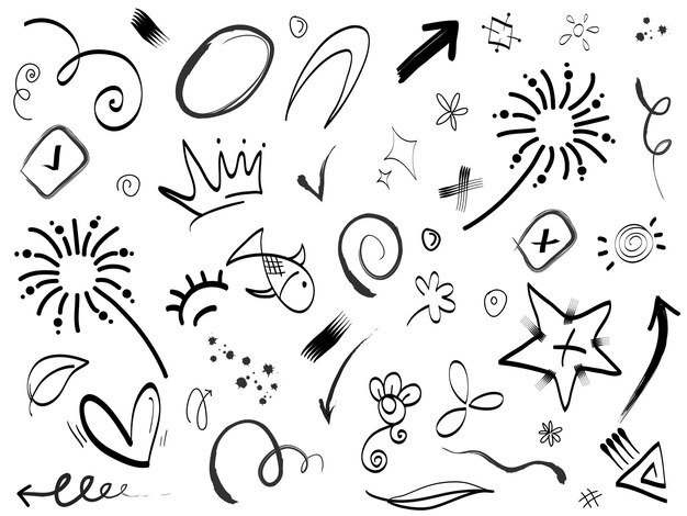 Elementos del conjunto dibujados a mano Flechas abstractas cintas corazones estrellas coronas y otros elementos en un estilo dibujado a mano para diseños conceptuales Ilustración garabateada Ilustración vectorial