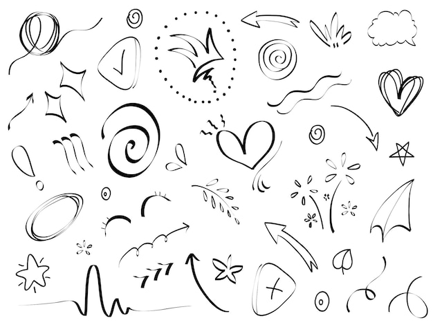 Elementos del conjunto dibujados a mano Flechas abstractas cintas corazones estrellas coronas y otros elementos en un estilo dibujado a mano para diseños conceptuales Ilustración garabateada Ilustración vectorial