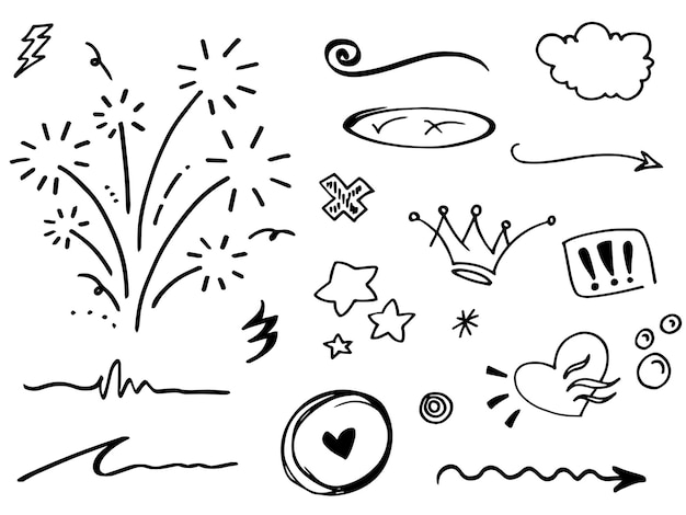 Elementos del conjunto dibujados a mano Flechas abstractas cintas corazones estrellas coronas y otros elementos en un estilo dibujado a mano para diseños conceptuales Ilustración garabateada Ilustración vectorial