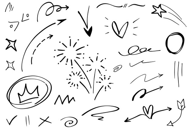 Elementos del conjunto dibujados a mano Flechas abstractas cintas corazones estrellas coronas y otros elementos en un estilo dibujado a mano para diseños conceptuales Ilustración garabateada Ilustración vectorial