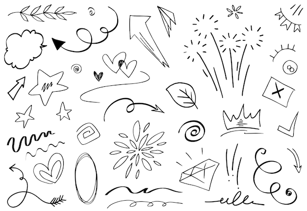 Elementos del conjunto dibujados a mano Flechas abstractas cintas corazones estrellas coronas y otros elementos en un estilo dibujado a mano para diseños conceptuales Ilustración garabateada Ilustración vectorial