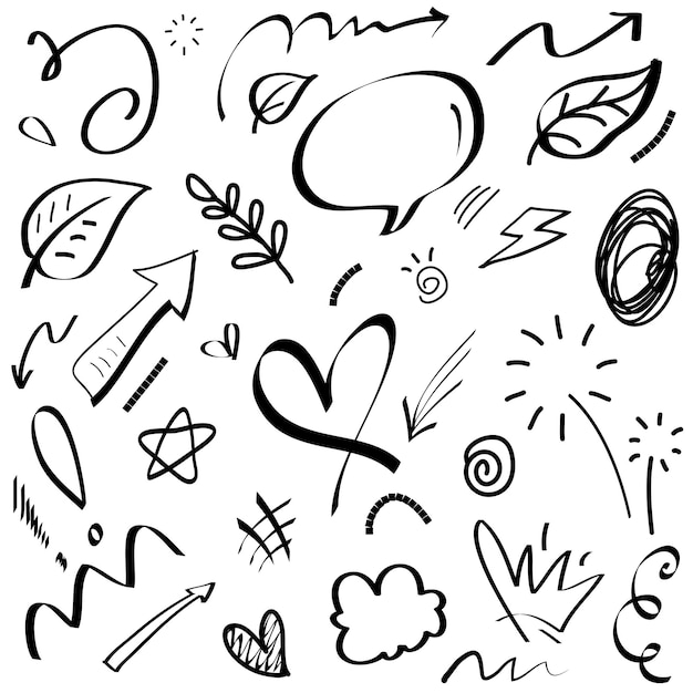 Elementos del conjunto dibujados a mano Flechas abstractas cintas corazones estrellas coronas y otros elementos en un estilo dibujado a mano para diseños conceptuales Ilustración garabateada Ilustración vectorial