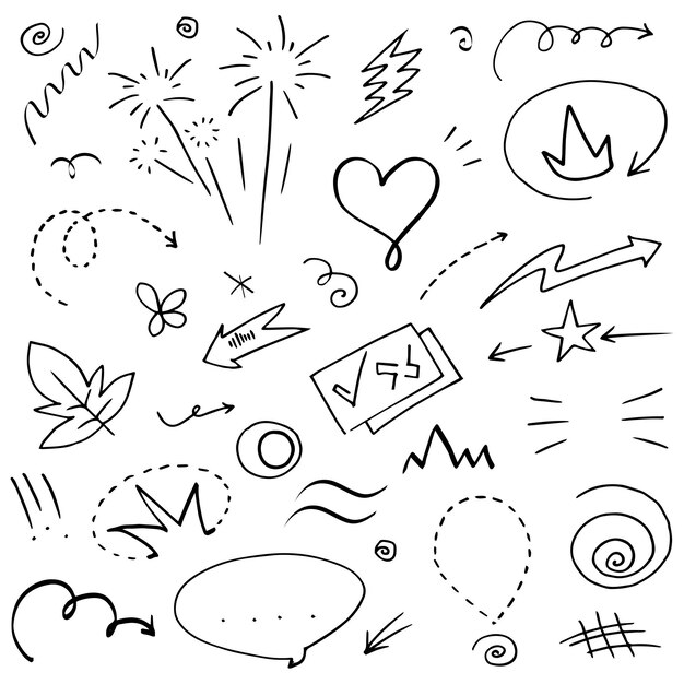 Elementos del conjunto dibujados a mano Flechas abstractas cintas corazones estrellas coronas y otros elementos en un estilo dibujado a mano para diseños conceptuales Ilustración garabateada Ilustración vectorial