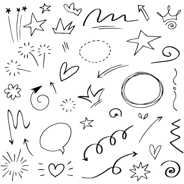 Elementos del conjunto dibujados a mano Flechas abstractas cintas corazones estrellas coronas y otros elementos en un estilo dibujado a mano para diseños conceptuales Ilustración garabateada Ilustración vectorial