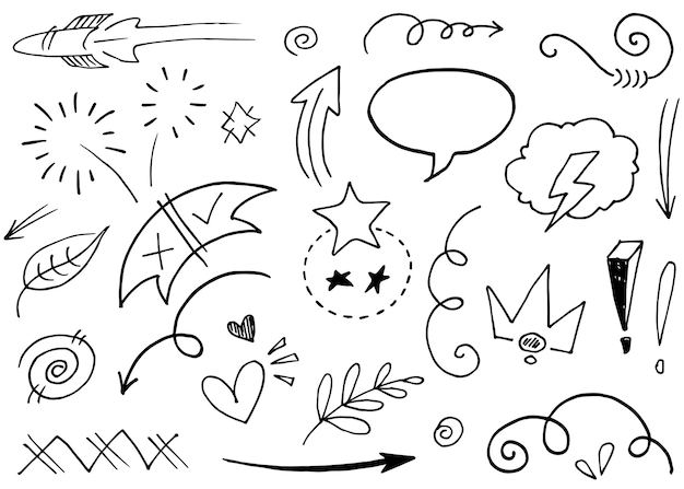 Elementos del conjunto dibujados a mano Flechas abstractas cintas corazones estrellas coronas y otros elementos en un estilo dibujado a mano para diseños conceptuales Ilustración garabateada Ilustración vectorial