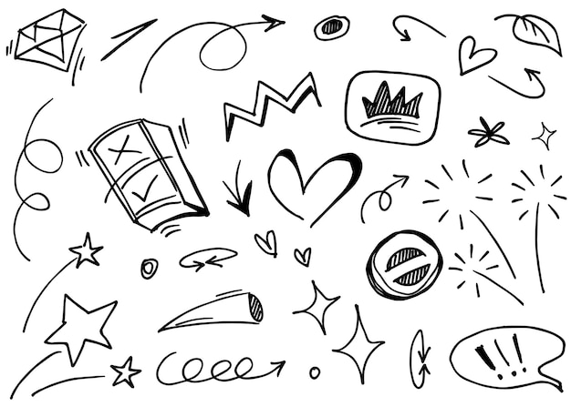 Elementos del conjunto dibujados a mano Flechas abstractas cintas corazones estrellas coronas y otros elementos en un estilo dibujado a mano para diseños conceptuales Ilustración garabateada Ilustración vectorial