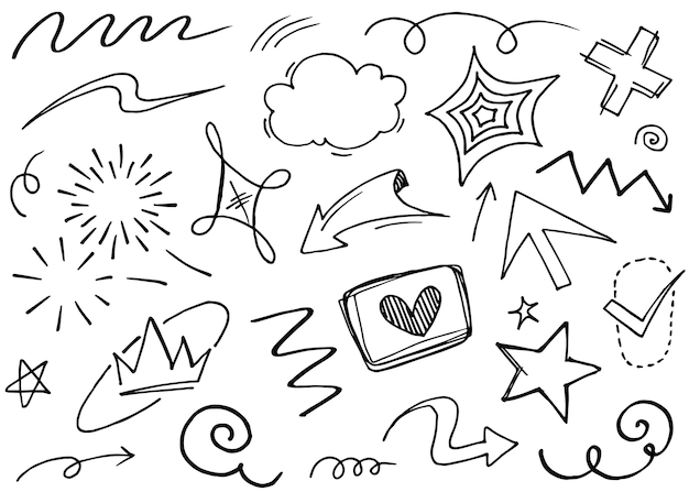 Elementos del conjunto dibujados a mano Flechas abstractas cintas corazones estrellas coronas y otros elementos en un estilo dibujado a mano para diseños conceptuales Ilustración garabateada Ilustración vectorial
