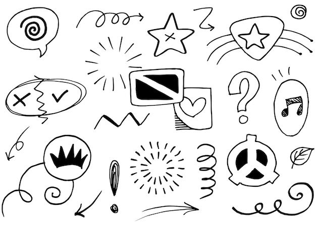 Elementos del conjunto dibujados a mano Flechas abstractas cintas corazones estrellas coronas y otros elementos en un estilo dibujado a mano para diseños conceptuales Ilustración garabateada Ilustración vectorial