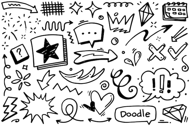 Elementos del conjunto dibujados a mano Flechas abstractas cintas corazones estrellas coronas y otros elementos en un estilo dibujado a mano para diseños conceptuales Ilustración garabateada Ilustración vectorial