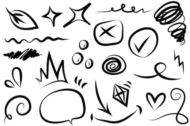 Elementos del conjunto dibujados a mano Flechas abstractas cintas corazones estrellas coronas y otros elementos en un estilo dibujado a mano para diseños conceptuales Ilustración garabateada Ilustración vectorial
