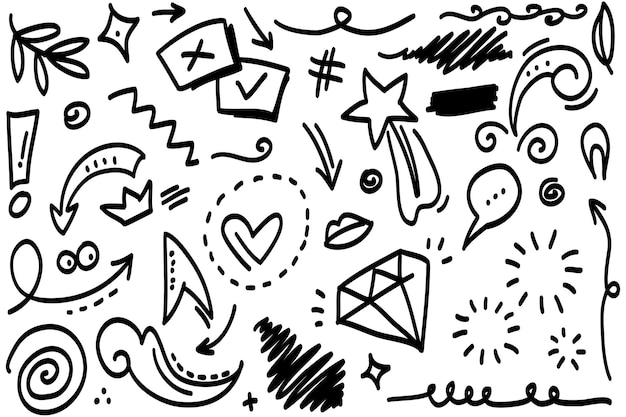 Elementos del conjunto dibujados a mano Flechas abstractas cintas corazones estrellas coronas y otros elementos en un estilo dibujado a mano para diseños conceptuales Ilustración garabateada Ilustración vectorial