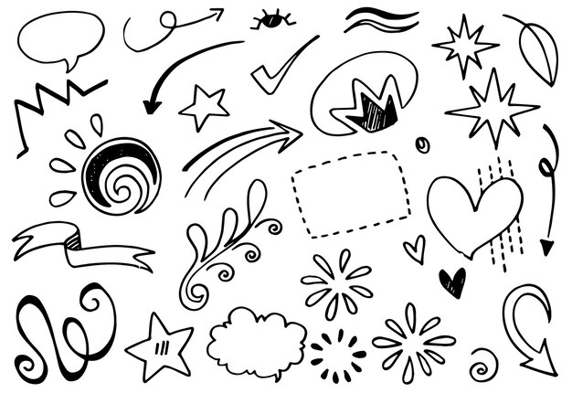Elementos de conjunto dibujados a mano Flechas abstractas cintas fuegos artificiales corazones relámpago hojas estrellas coronas y otros elementos en un estilo dibujado a mano para diseños conceptuales Ilustración de garabatos