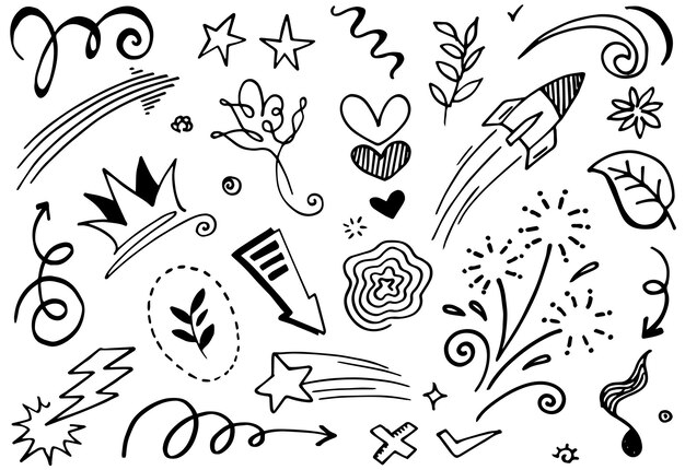 Elementos de conjunto dibujados a mano Flechas abstractas cintas fuegos artificiales corazones relámpago hojas estrellas coronas y otros elementos en un estilo dibujado a mano para diseños conceptuales Ilustración de garabatos