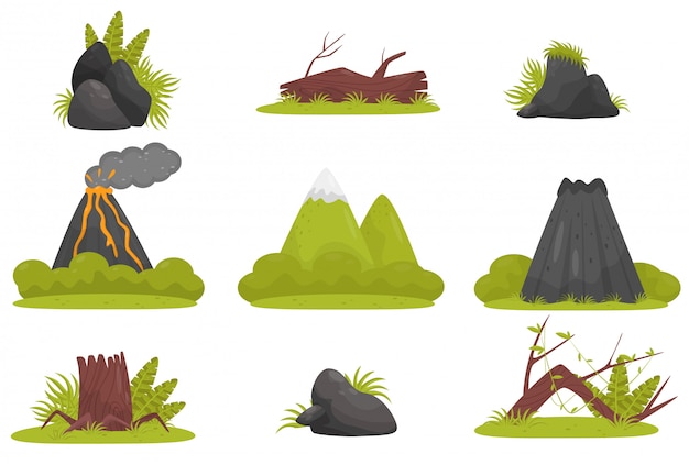 Elementos del conjunto de paisaje de bosque de selva tropical, volcán, piedras, montañas, plantas Ilustración sobre un fondo blanco